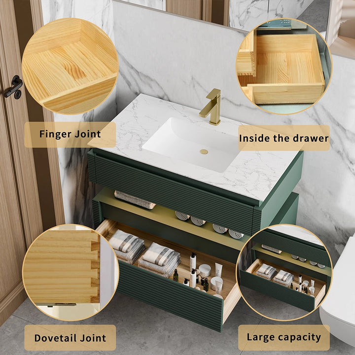 Green bathroom vanity showing drawer structure finger and dovetail joints