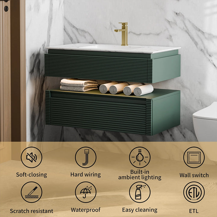 Green bathroom vanity with ETL certification and soft close drawers