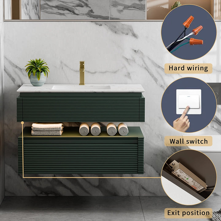 Green bathroom vanity with hard wiring and wall switch connection