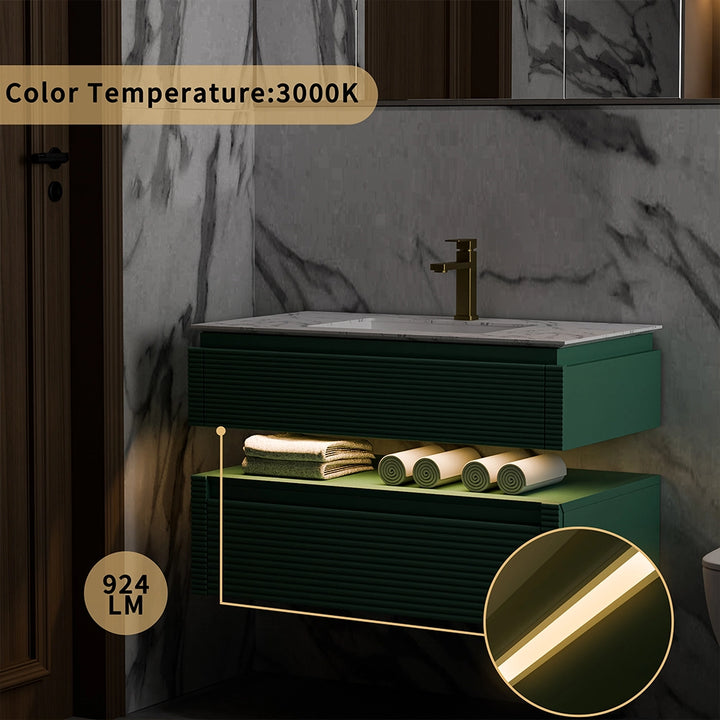Green bathroom vanity with 3000K LED night light warm glow design