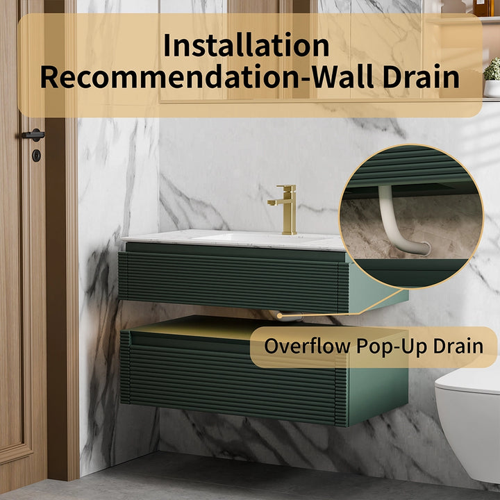 Green bathroom vanity with wall drain and overflow pop up drain design
