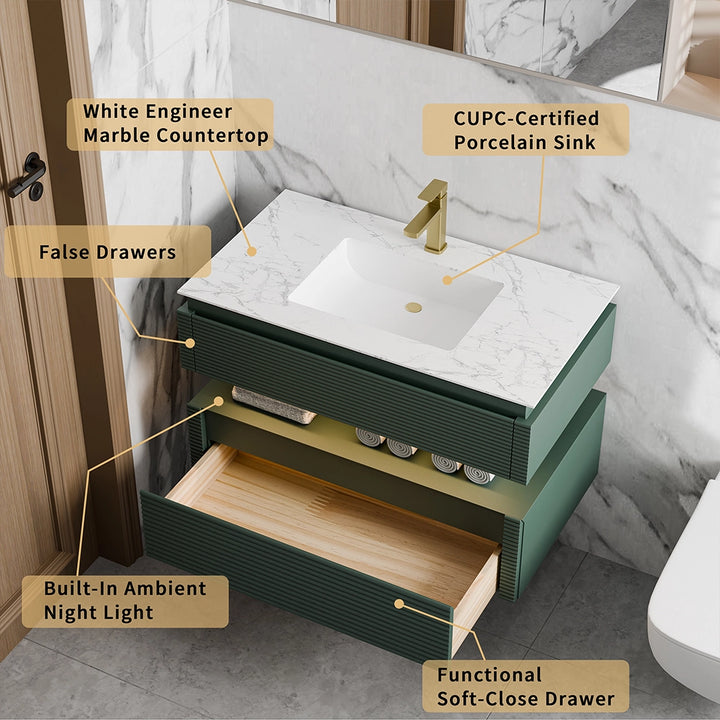 Green bathroom vanity with marble countertop and soft close drawer