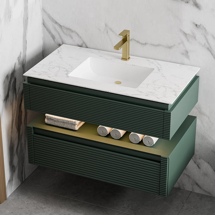 Green fluted wall mount bathroom vanity with marble sink and shelf
