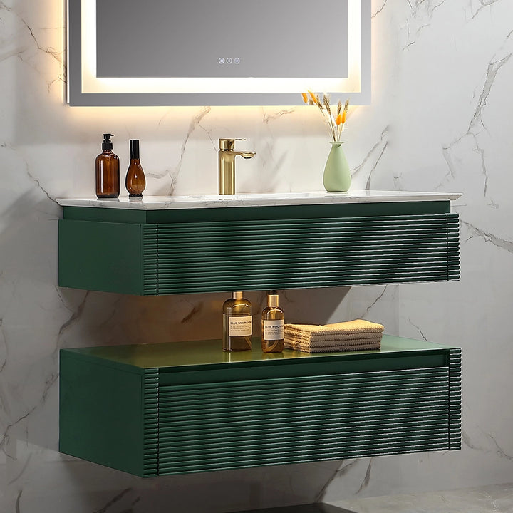 Modern green fluted wall mounted bathroom vanity with marble top