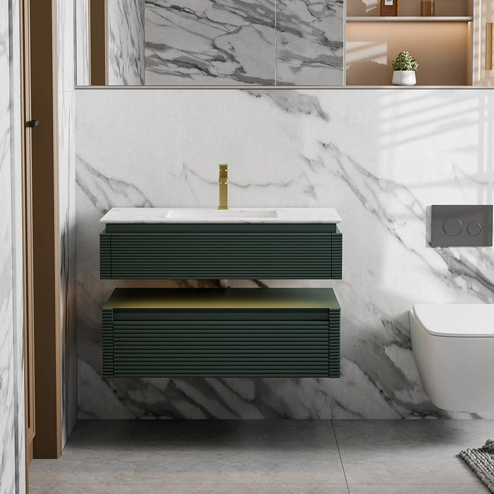 Modern green wall mount bathroom vanity with marble countertop