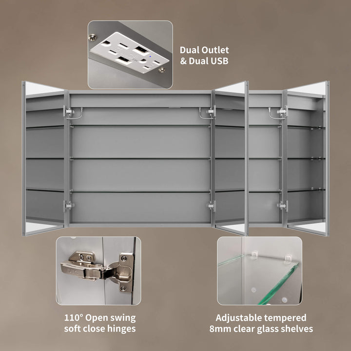 LED mirror cabinet featuring dual USB, soft close hinges, and adjustable glass shelves