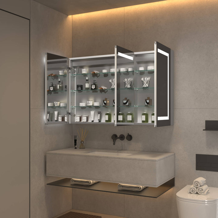 LED mirror cabinet showcasing open shelves with organized items