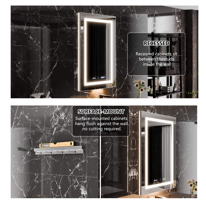 LED mirror cabinet, recessed vs surface mount options shown