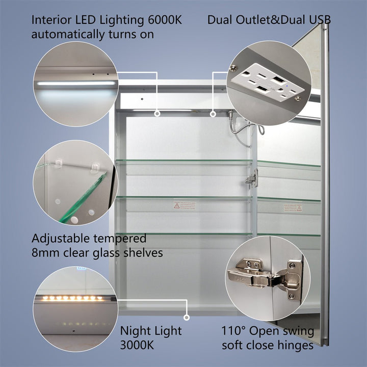 Features of a medicine cabinet, including automatic 6000K LED lighting