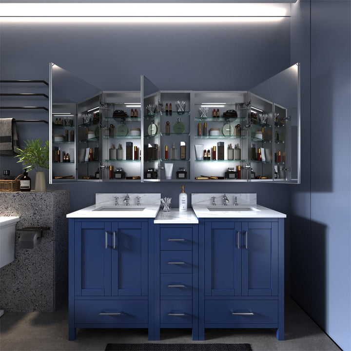LED-lit medicine cabinet with dual mirrors, adjustable shelves