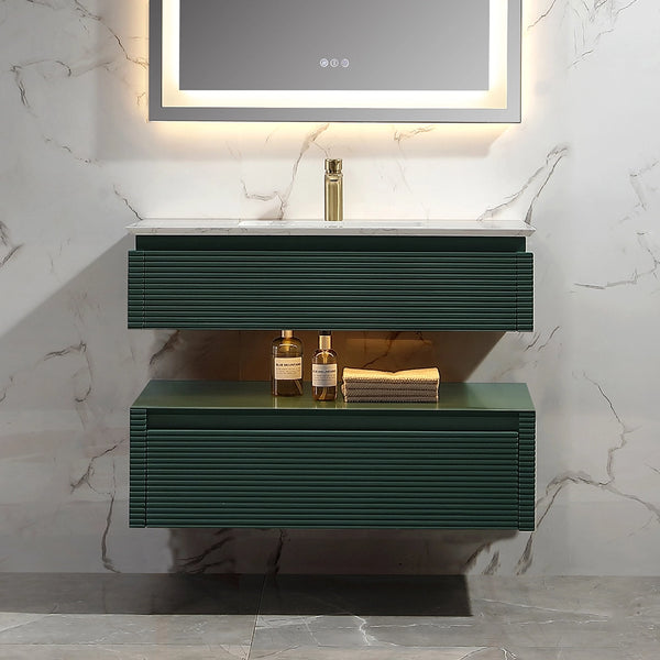 Modern green fluted bathroom vanity with LED mirror and marble top