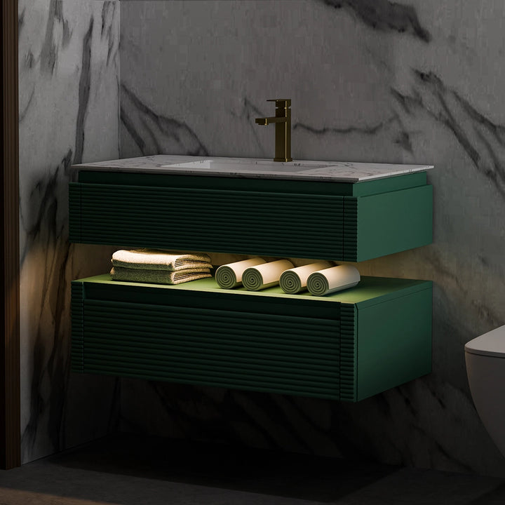 Modern green wall mount bathroom vanity with LED shelf and marble top