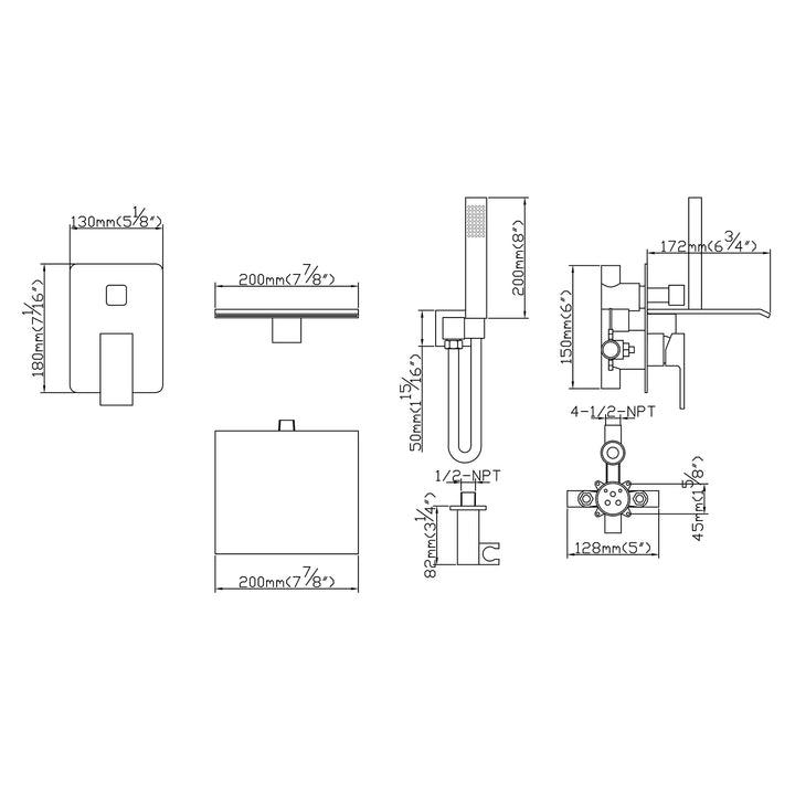 Wall Mounted Pressure Balance Waterfall Tub Spout with Handshower - Modland