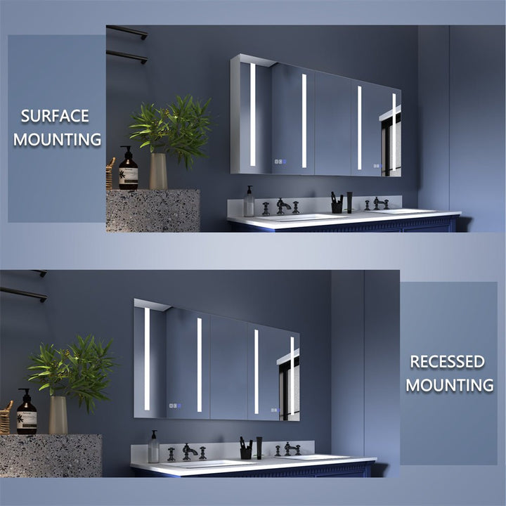 Comparison of surface mounting and recessed mounting options for a bathroom medicine cabinet.