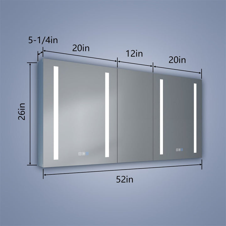 Three-door bathroom medicine cabinet with LED lighting, displaying dimensions of 52x26 inches.