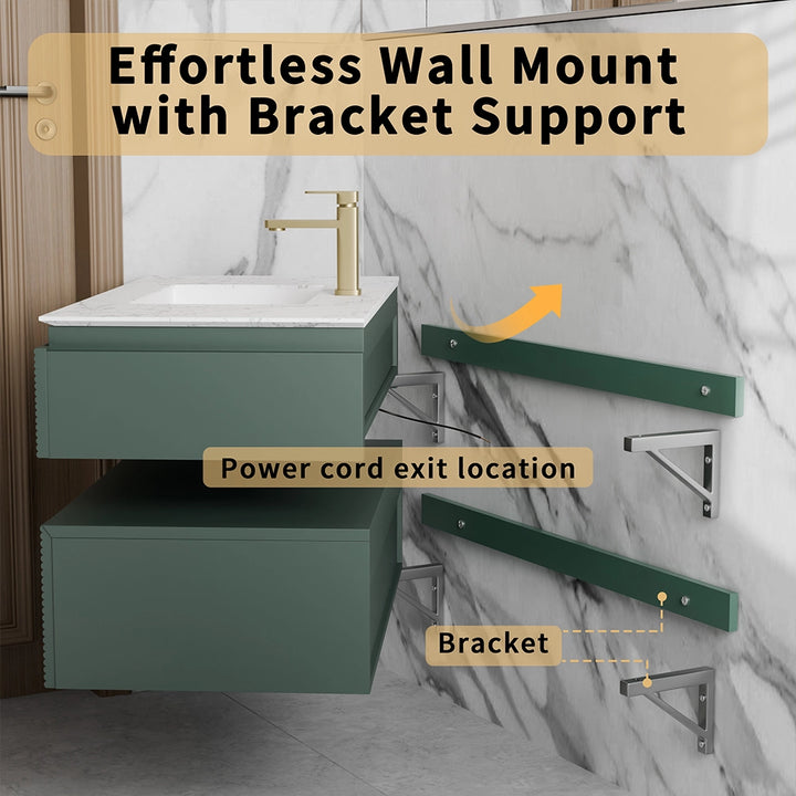 Wall mount bathroom vanity showing bracket support and power cord exit