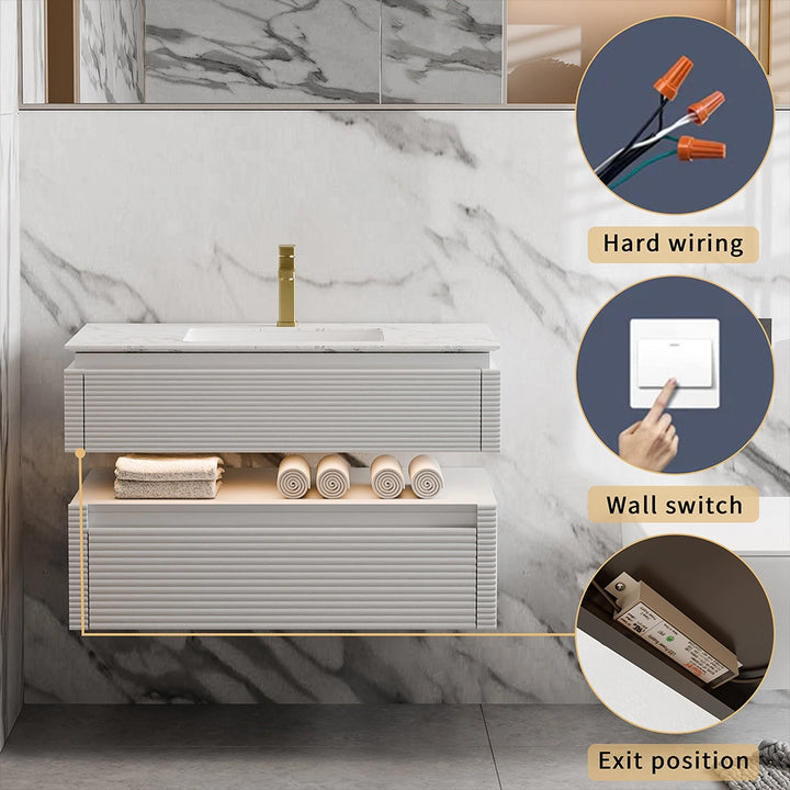 White bathroom vanity hard wiring setup with wall switch and exit point