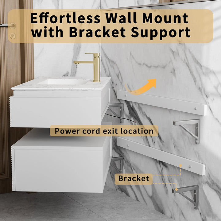 White wall mounted bathroom vanity with metal bracket support