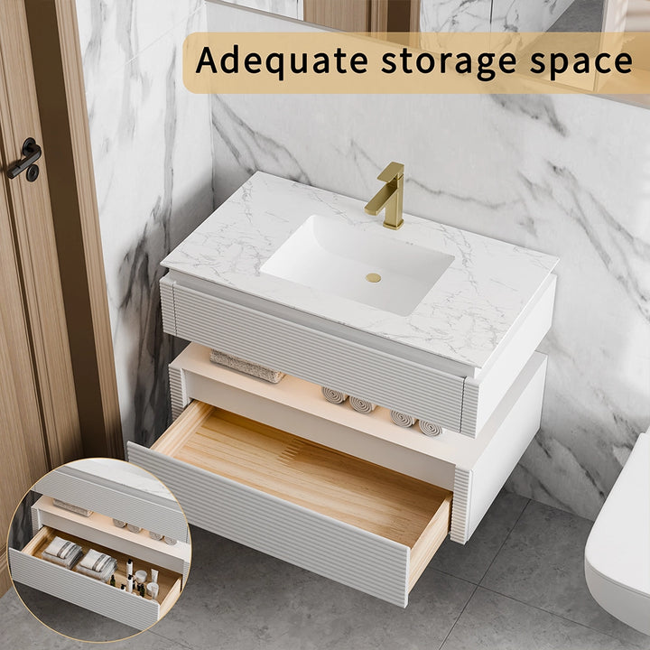 White bathroom vanity with large storage drawer and open shelf design