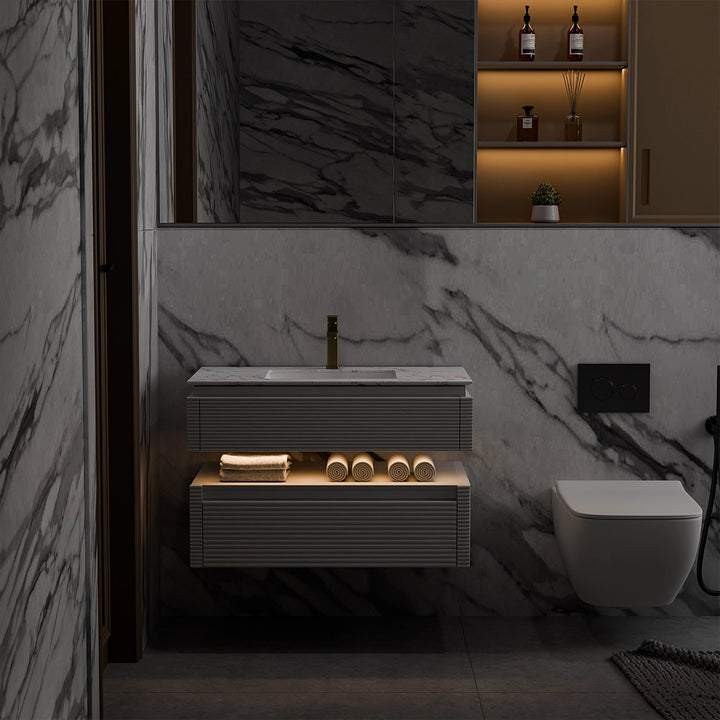 Modern white bathroom vanity with LED night light and marble top