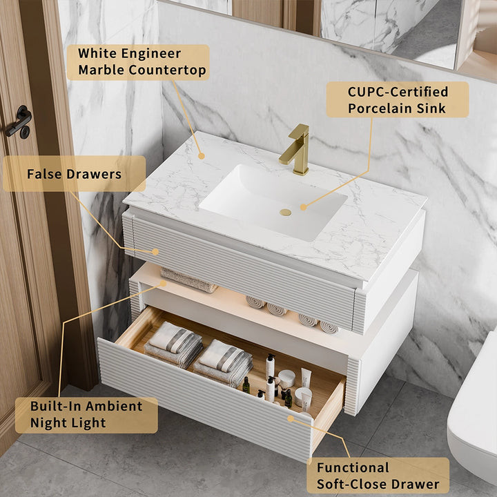 White bathroom vanity with marble countertop and soft close drawer