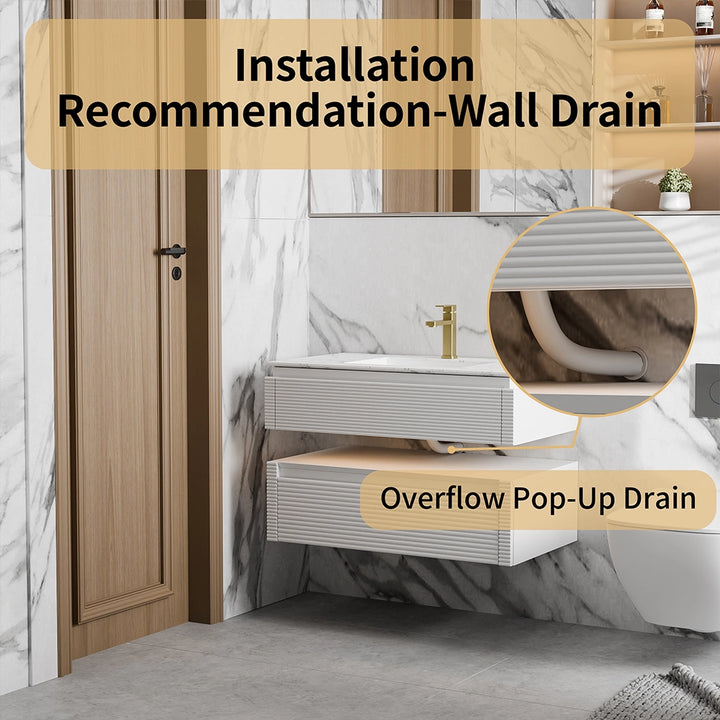 White bathroom vanity with overflow pop up drain and wall drain setup