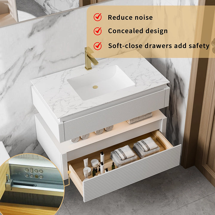 White bathroom vanity with soft close drawer concealed design feature