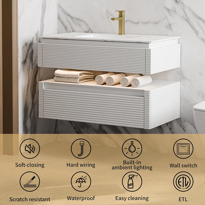 White bathroom vanity with soft closing drawers waterproof ETL certified
