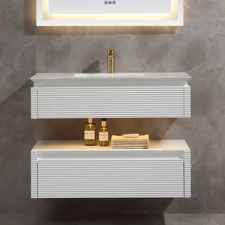 Modern white wall mounted bathroom vanity with marble countertop