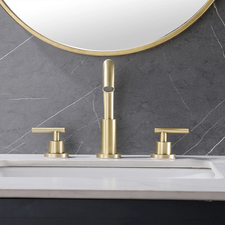 Front view brushed gold widespread faucet for bathroom sink