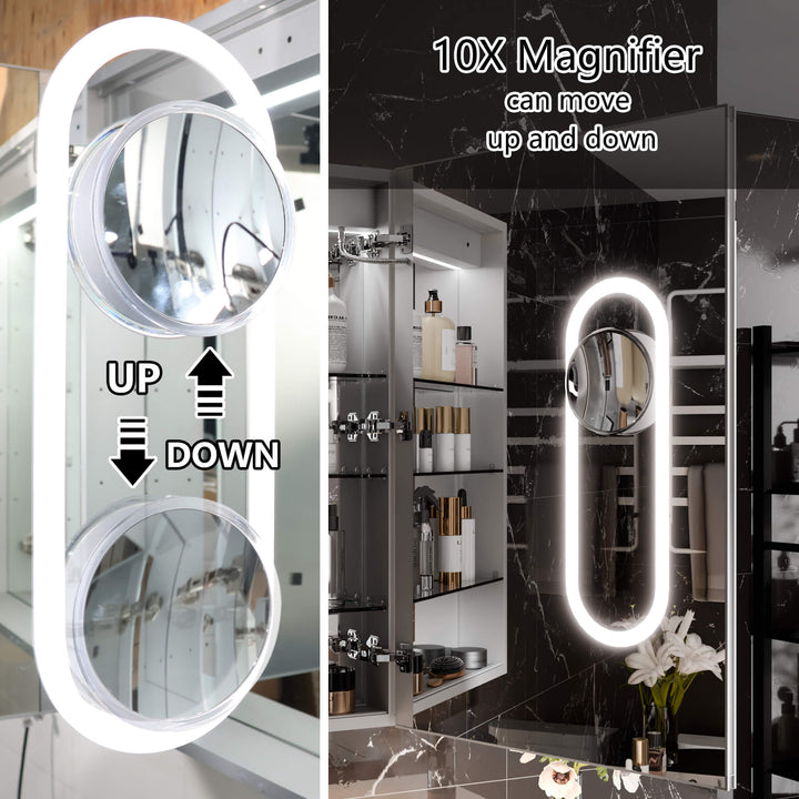 Bathroom mirror cabinet with adjustable 10x magnifying mirror moving up and down