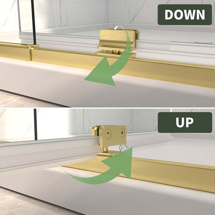 Adjustable bottom rail up and down function on gold shower door