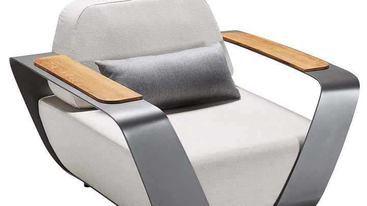 Modern aluminum outdoor armchair with wood armrests and gray cushion, front angle view