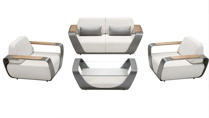 4-piece aluminum outdoor conversation set with loveseat, armchairs, and glass coffee table