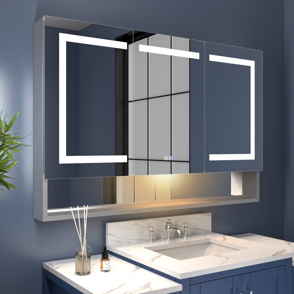 Ample 48" W x 32" H LED Mirror Chrome Medicine Cabinet with Shelves – Modland