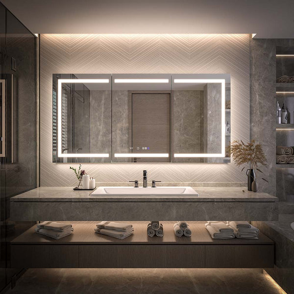 Modern backlit mirror cabinet wall mounted in luxury bathroom