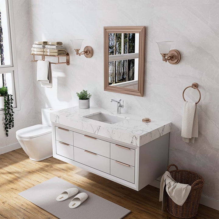 Chrome bathroom faucet in modern vanity setting