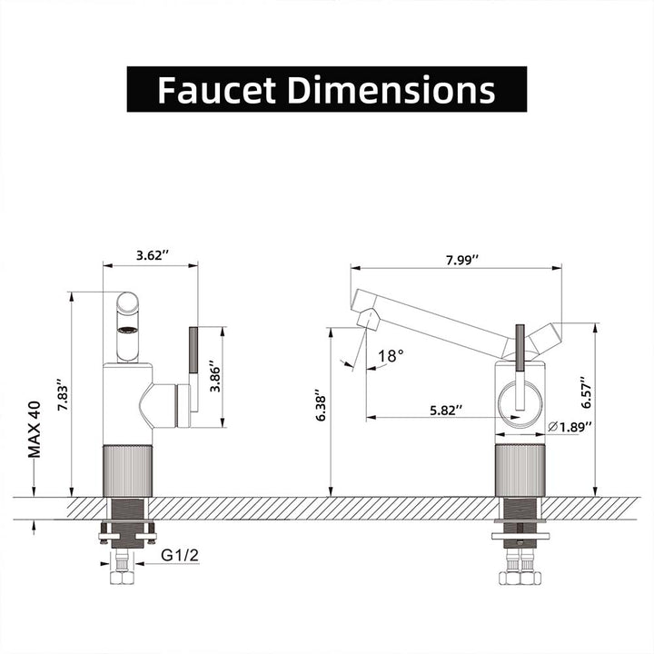 Bathroom faucet technical dimensions and installation diagram