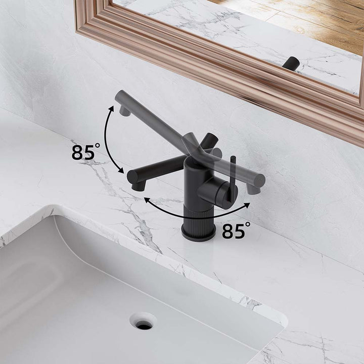 Bathroom faucet with 85° swivel spout and handle range
