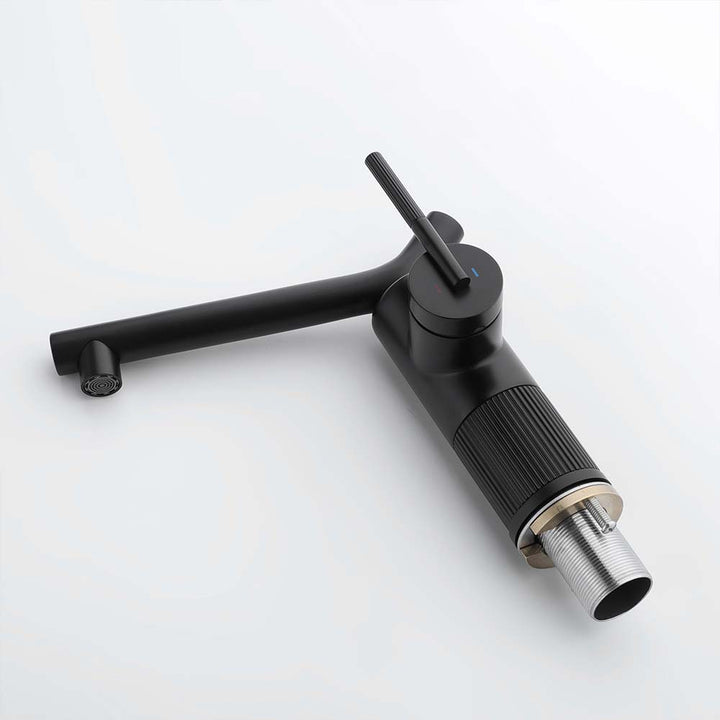 Matte black bathroom faucet with threaded bottom connection view