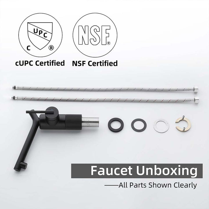 Unboxed black bathroom faucet with cUPC and NSF certifications