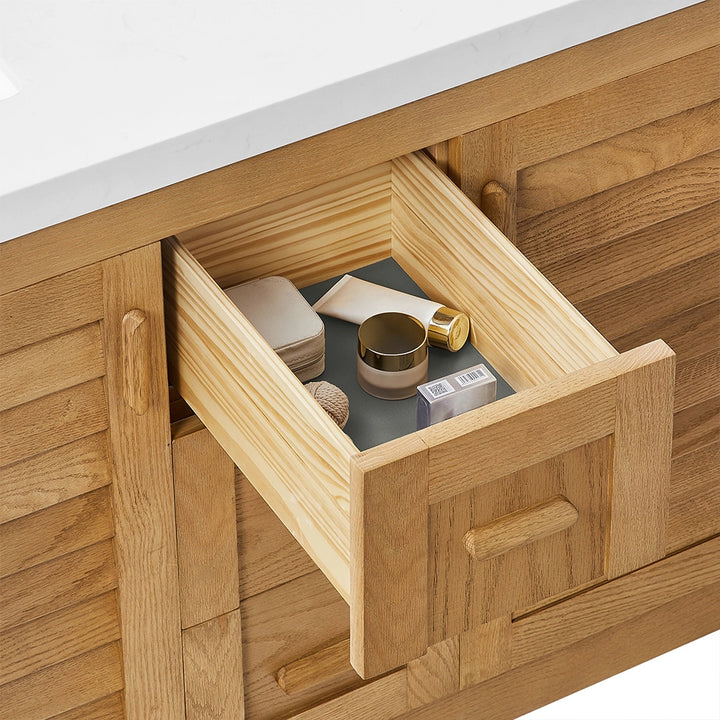 bathroom freestanding vanities open drawer storage detail