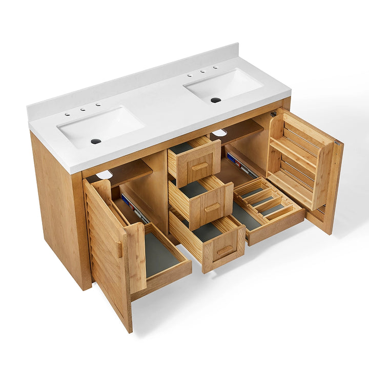 bathroom freestanding vanity open drawers and interior storage