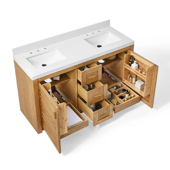 bathroom freestanding vanity with open drawers and storage