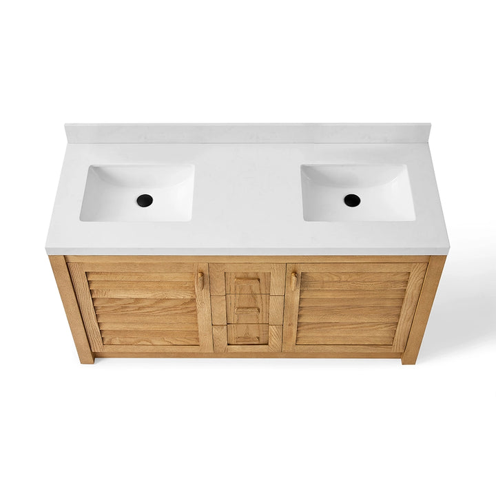 top view of double sink bathroom freestanding vanity