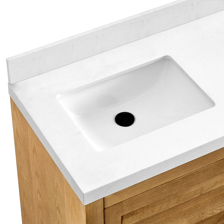 bathroom freestanding vanity white countertop and sink detail