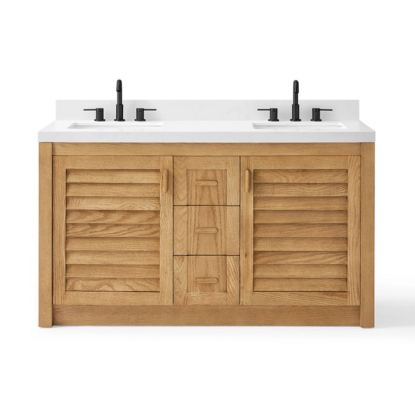 wood bathroom freestanding vanity with double sinks and louvered doors