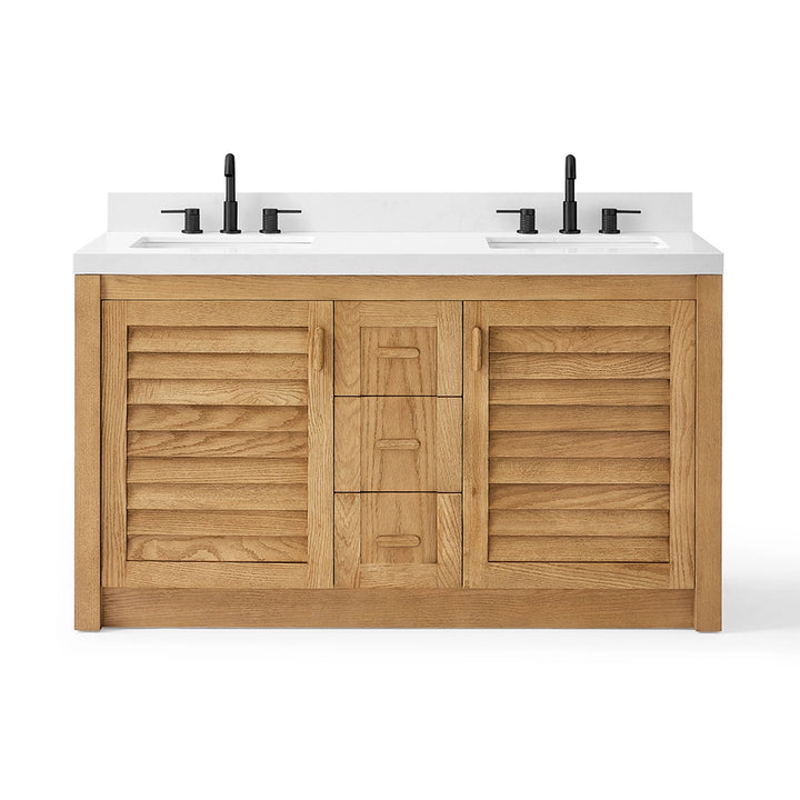 wood bathroom freestanding vanity with double sinks and louvered doors