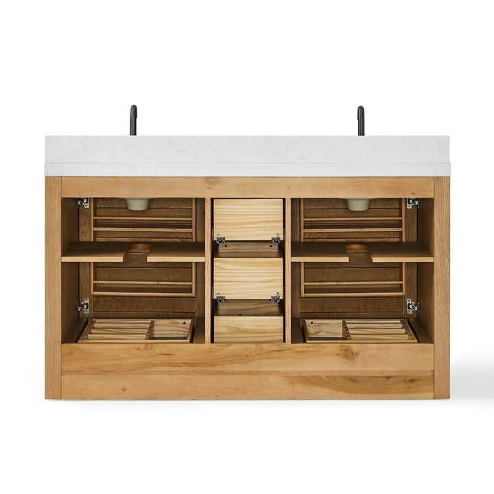 interior storage view of wood bathroom freestanding vanity