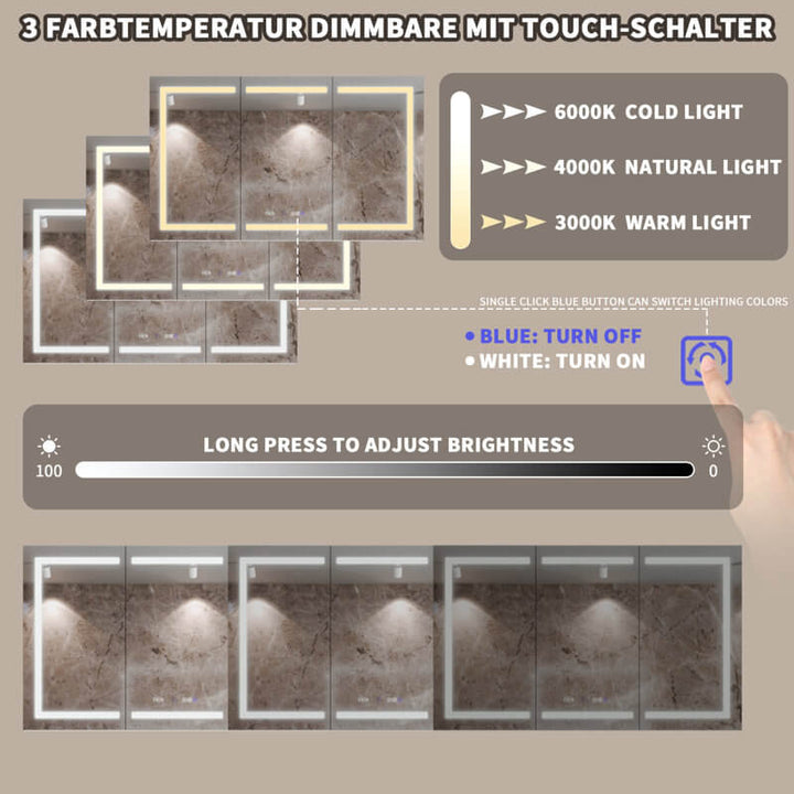 Bathroom mirror cabinet with 3 color temperature options (3000K, 4000K, 6000K) and dimmable brightness via touch control.